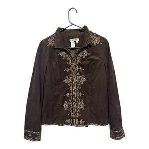 Vintage Y2K Era Coldwater Creek Brown Faux-Suede Embroidered Jacket Petite Small